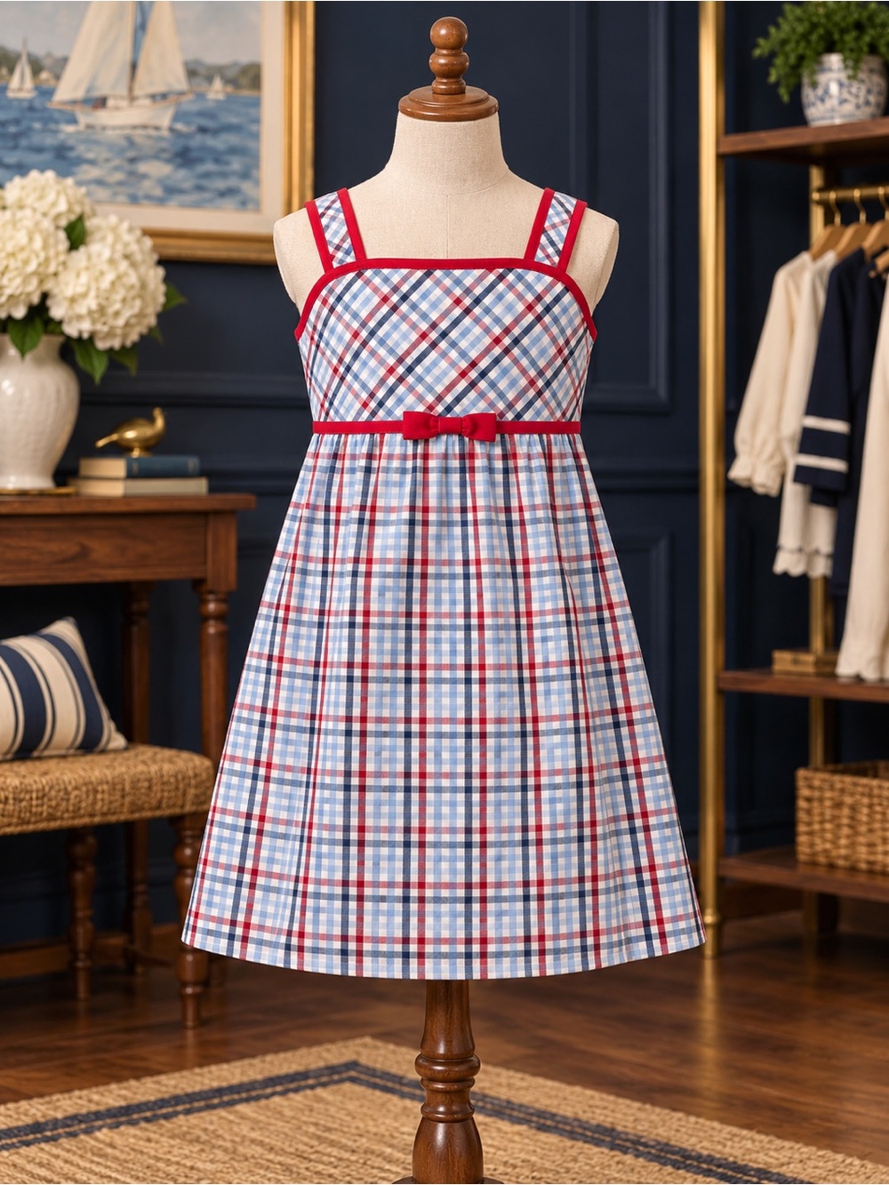 Little English Red, Blue and White Plaid Sundress with Bow